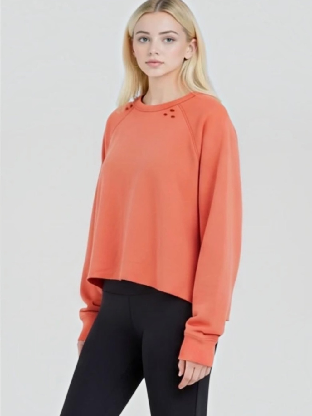 Aerie Distressed Crop Raglan Sleeve Crewneck French Terry Sweatshirt in Coral M